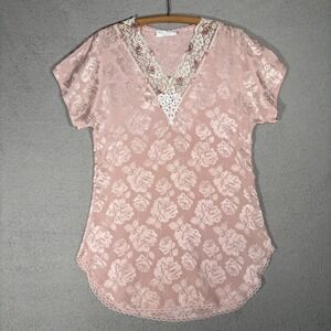 Vintage Val Mode Lingerie L Pink Floral Satin Jacquard Nightgown Lace Trim USA